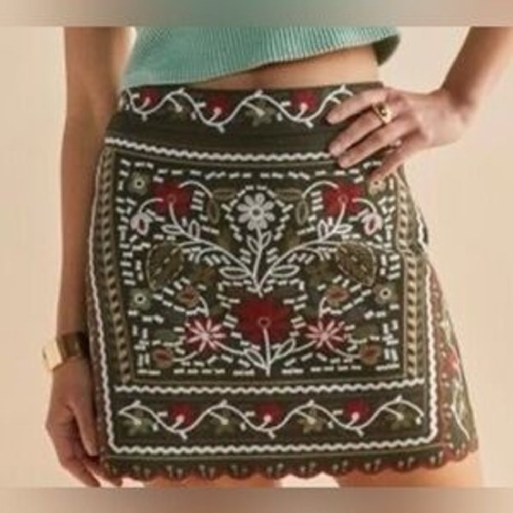 Women Mini Skirt S Embroidered Green Floral Boho Festival Hippie Art Indie